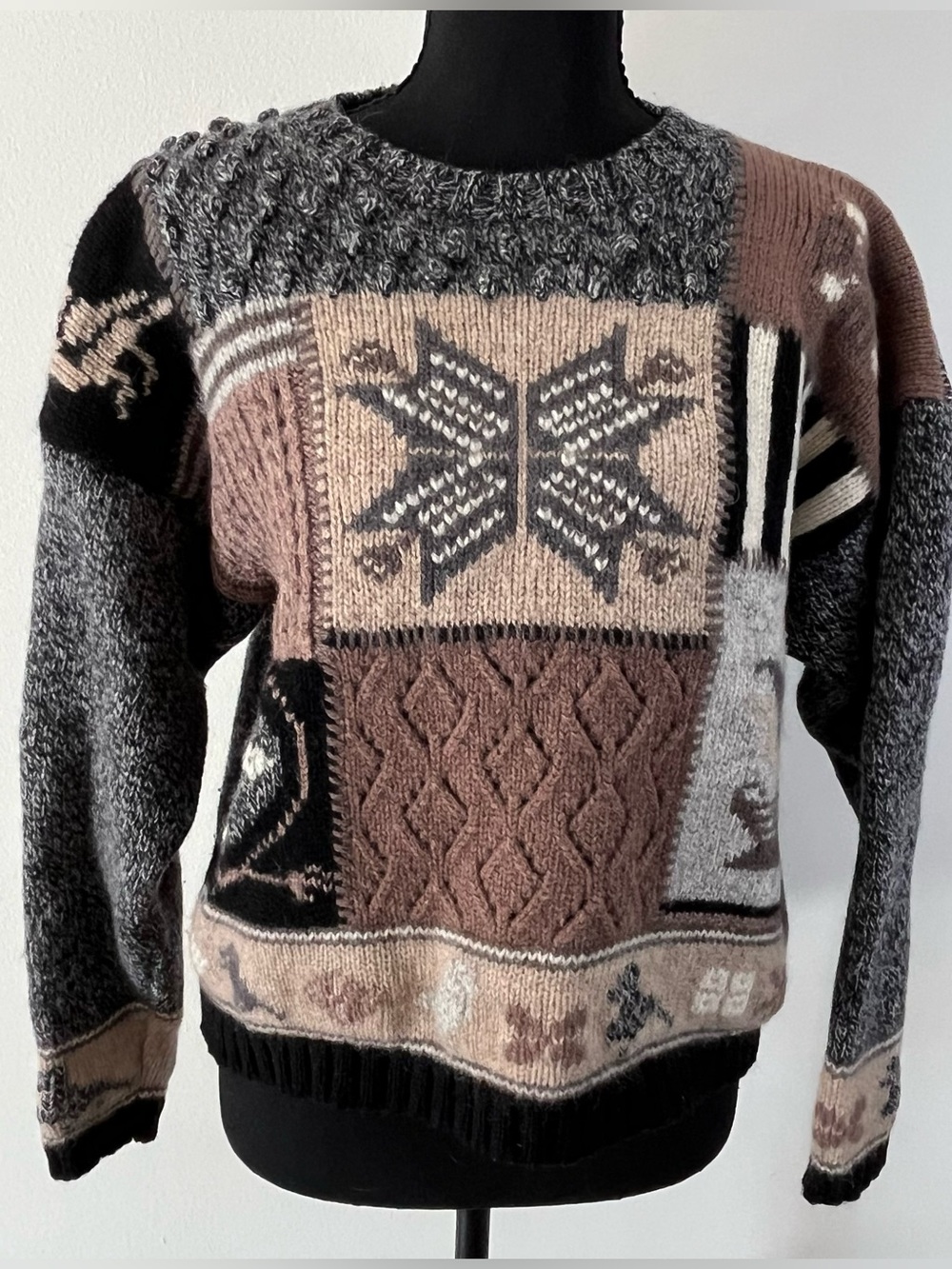 Eddie Bauer Vintage Gray Brown Wool Mixed Texture Patchwork Novelty Sweater M